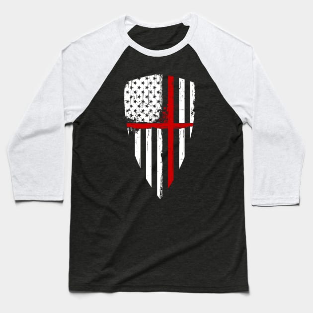 Red Line Crusader American Flag Shield Graphic Baseball T-Shirt by Xeire